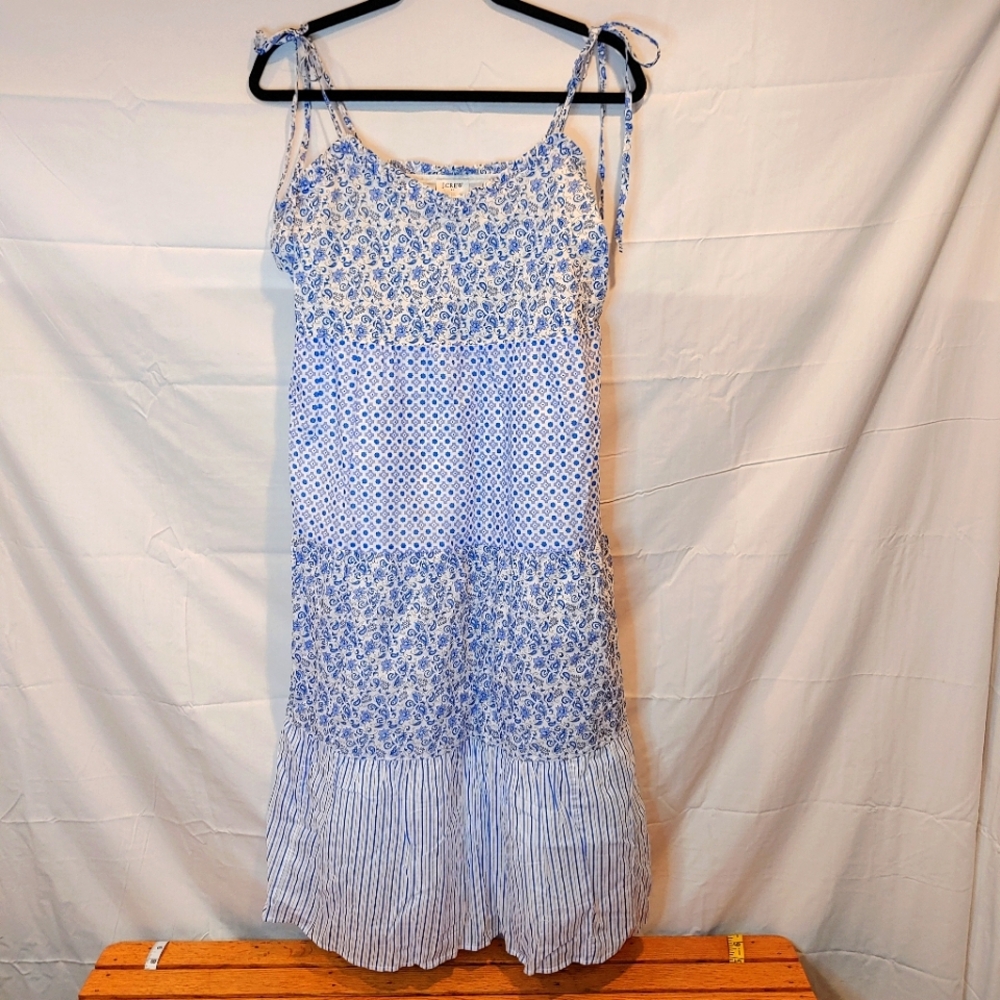J. Crew Ruffle Tiered Blue & White Lined Cotton Paisley/Stripped Sundress Sz Sm